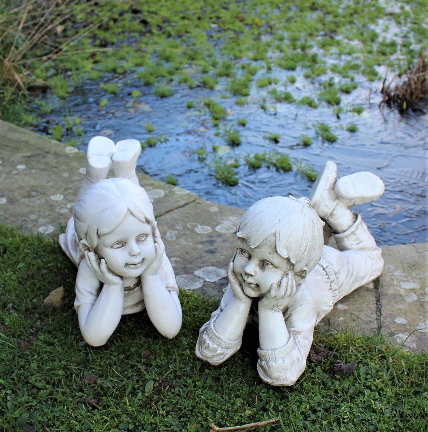 Large Lying Boy Girl Statues Home Decor Garden Ornament Sculpture Gift Set Amazon Co Uk Garden Outdoors