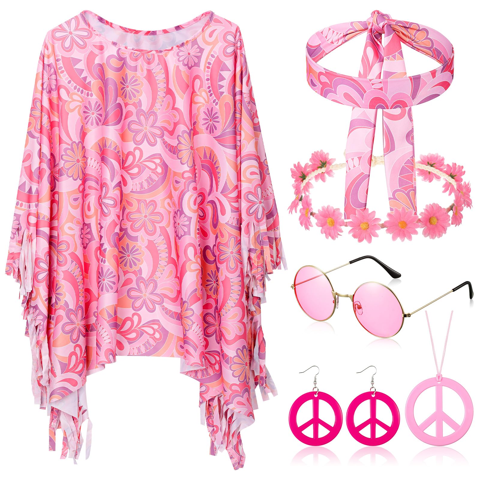 Hicarer 6 Pcs Hippie Costume Accessories Set Includes Headband Poncho Necklace Earrings Sunglasses for Women(Cute Flower) โ image 1