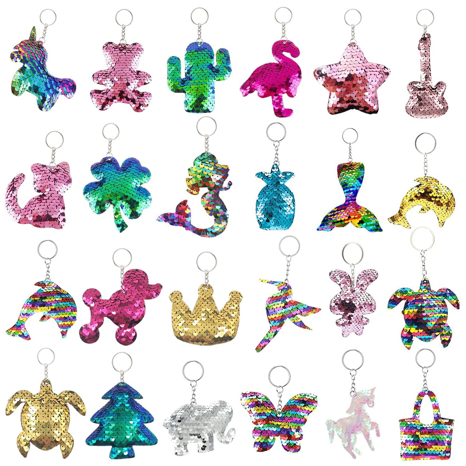 ePicsoa 24 Pcs Colorful Sequin Keychains Girls Keyrings Party Bags Gift, Reversible Sequins for Kids Adults Birthday Favors Backpack Accessories