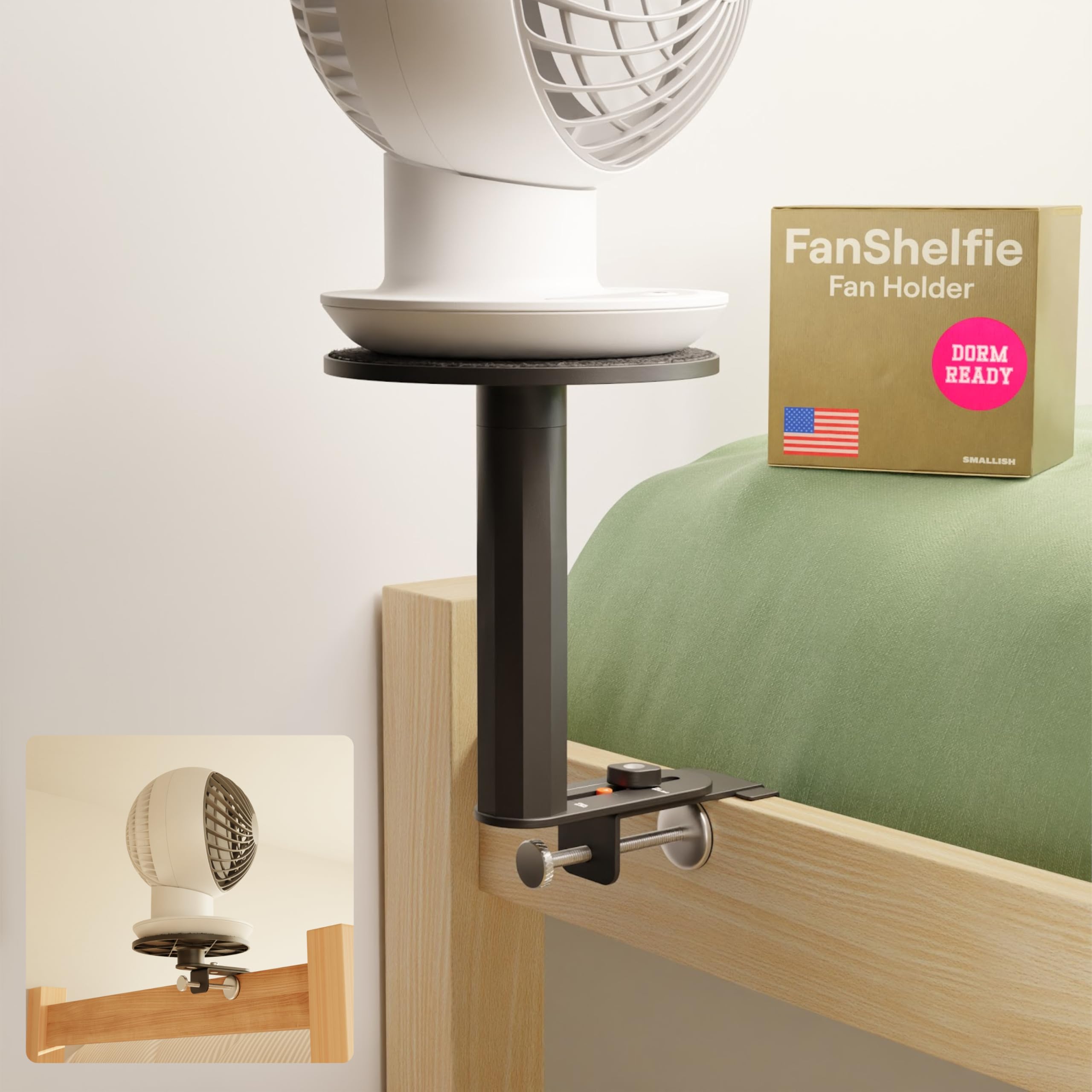FanShelfie Adjustable Fan Holder for Dorm Room, Bunk & Lofted Bed, College Essentials for Boys & Girls, Patented Height & Distance Design, Compatible with Popular Dorm Fans, 2 Height Options (Black)