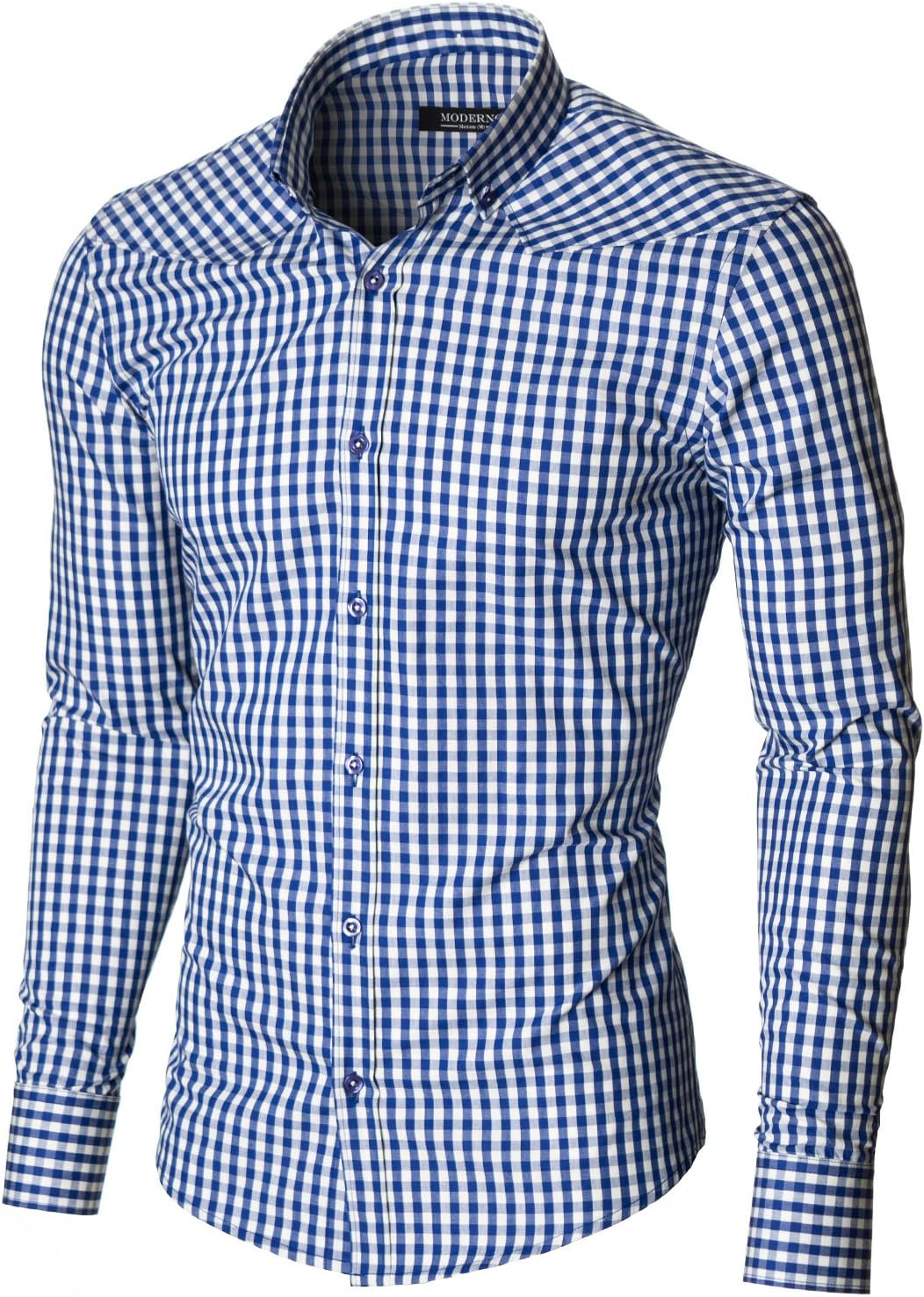 MODERNO Mens Checkered Shirts Dress Slim Fit Long Sleeve Button Down (MOD1458LS)