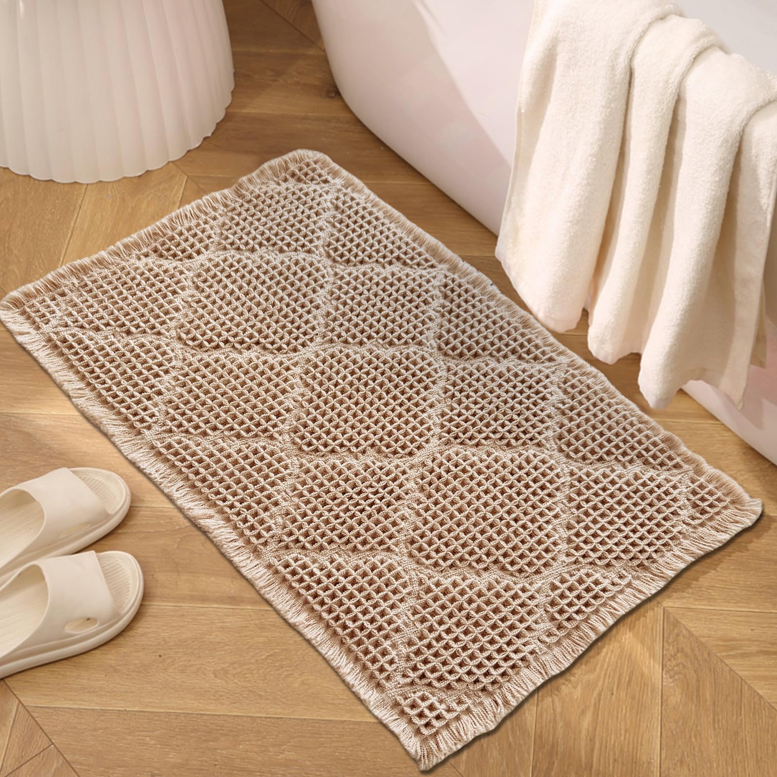 ZALL Tan Waffle Bath Mat,Super Absorbent Non Slip Bathroom Rug,Brown 24x36inch, Geometric Diamond Machine Washable Ultra Soft Floor Mats