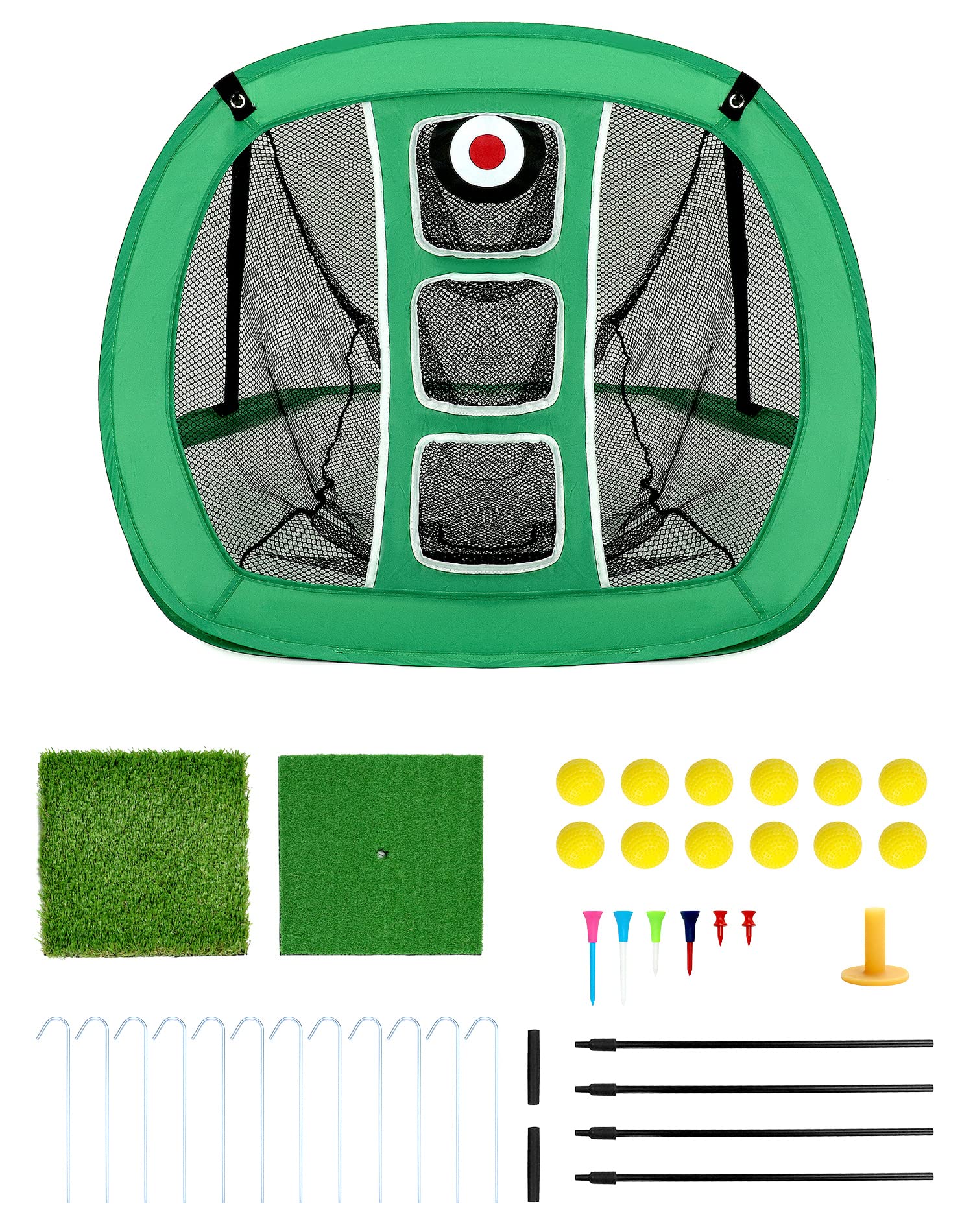 QWORK® Chipping Net - Pop Up Golf Practice Net with 2 Mats, 12 Training Balls & Tees