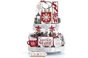 Jetec 12 Pieces Christmas Tiered Tray Decor Set Snowflake Wooden Sign Let It Snow Table Decorations Farmhouse Coffee Bar Signs Winter Tray Decor for Home Kitchen Tabletop(Red)