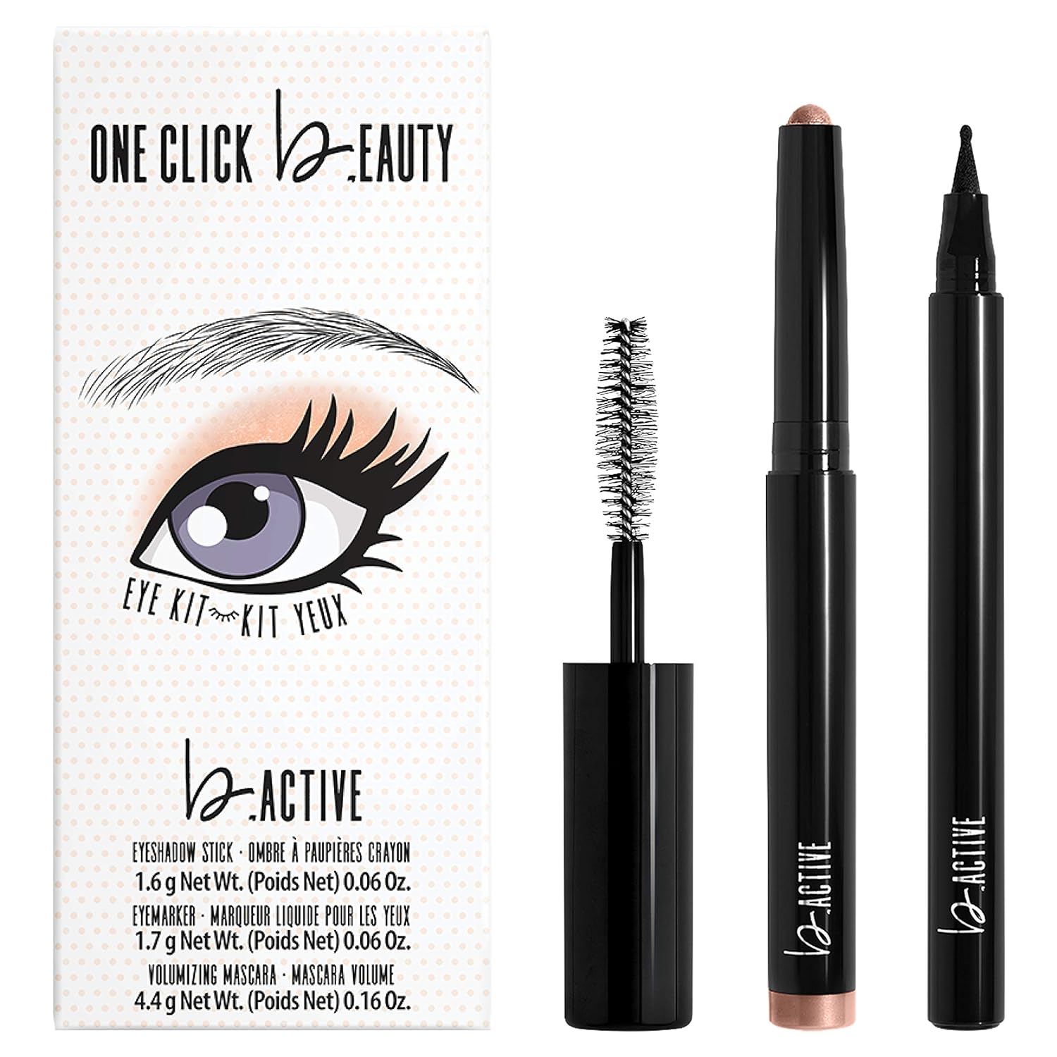 One Click Beauty b.ACTIVE 3-Piece Eye Kit, Longwear Makeup, The Warm Nudes