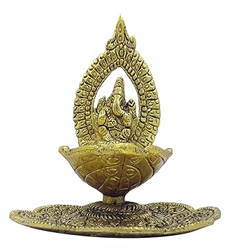 Ganesha on Leaf - Ganesh with Diya - Lord Ganesha Metal Hand Craved for Home Temple Pooja Mandir Decorative Gift Diwali Decoration Items Diwali Gifts