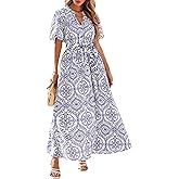 KIRUNDO Women Spring Summer Wedding Guest Boho Floral Maxi Dress Puff Sleeve Button Shirt V Neck Flowy Beach Vacation Dress