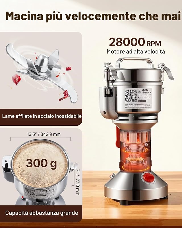 300g Mulino Elettrico per Cereali, Macina Spezie Commerciale Alta Velocità 1500 W, Macchina Polverizzazione in Acciaio Inox, per Cereali Secchi, Spezie, Caffè, Mais, Pepe, Tipo Oscillante