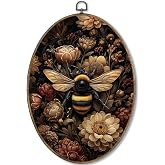 Fewgb Vintage Dark Moody Bee Floral Oval Wall Art Decor Framed, Farmhouse Dark Cottagecore Academia Canvas Wall Art Prints Picture, Botanical Flower Hanging Room Decor Artwork for Kitchen 9x12