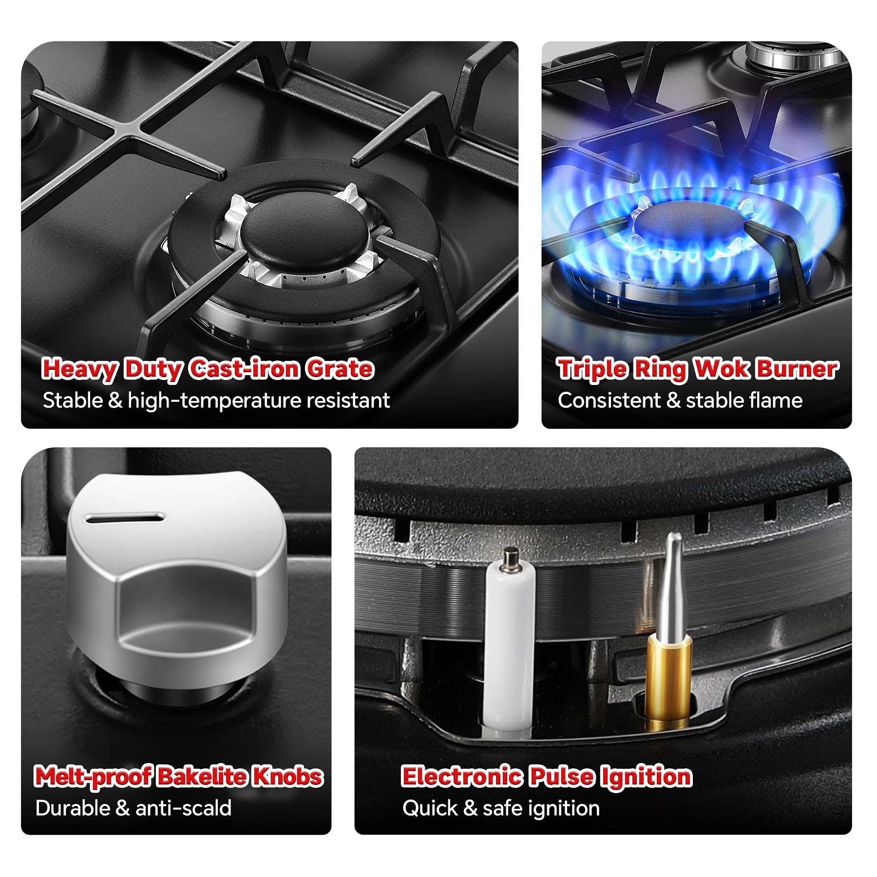 Gas Stove Top 24 inch Eascookchef, 24 inch Gas Cooktop 4 Burner, Bulit-in Stove Top NG/LPG Convertible, Upgrade Black Enamel Propane Cooktop with Thermocouple Protection