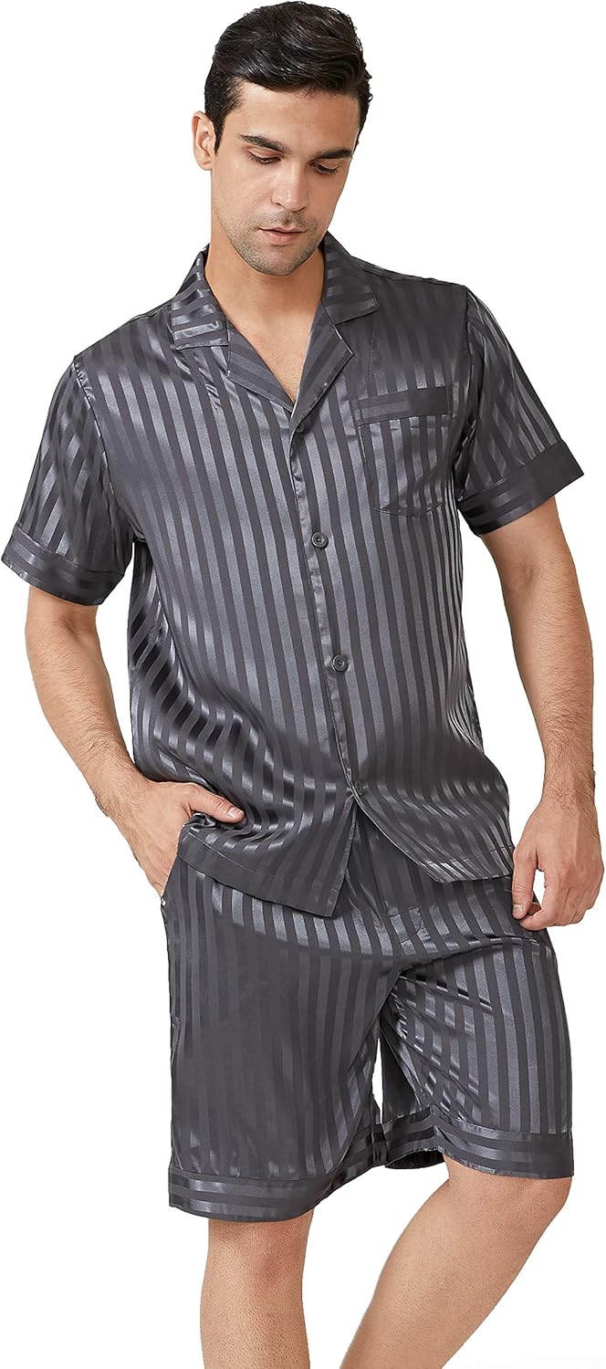 DAVID ARCHY Men's Satin Silky Sleepwear Pajamas Set Button-Down Short Sleeve Loungewear: Clothing