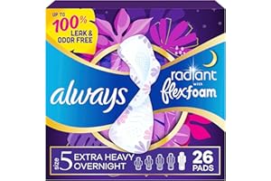 Always Radiant Feminine Pads for Women, Flexfoam Pads with Wings, Size 5, Extra Heavy Overnight Absorbency, Lightly Scented, 26 Count