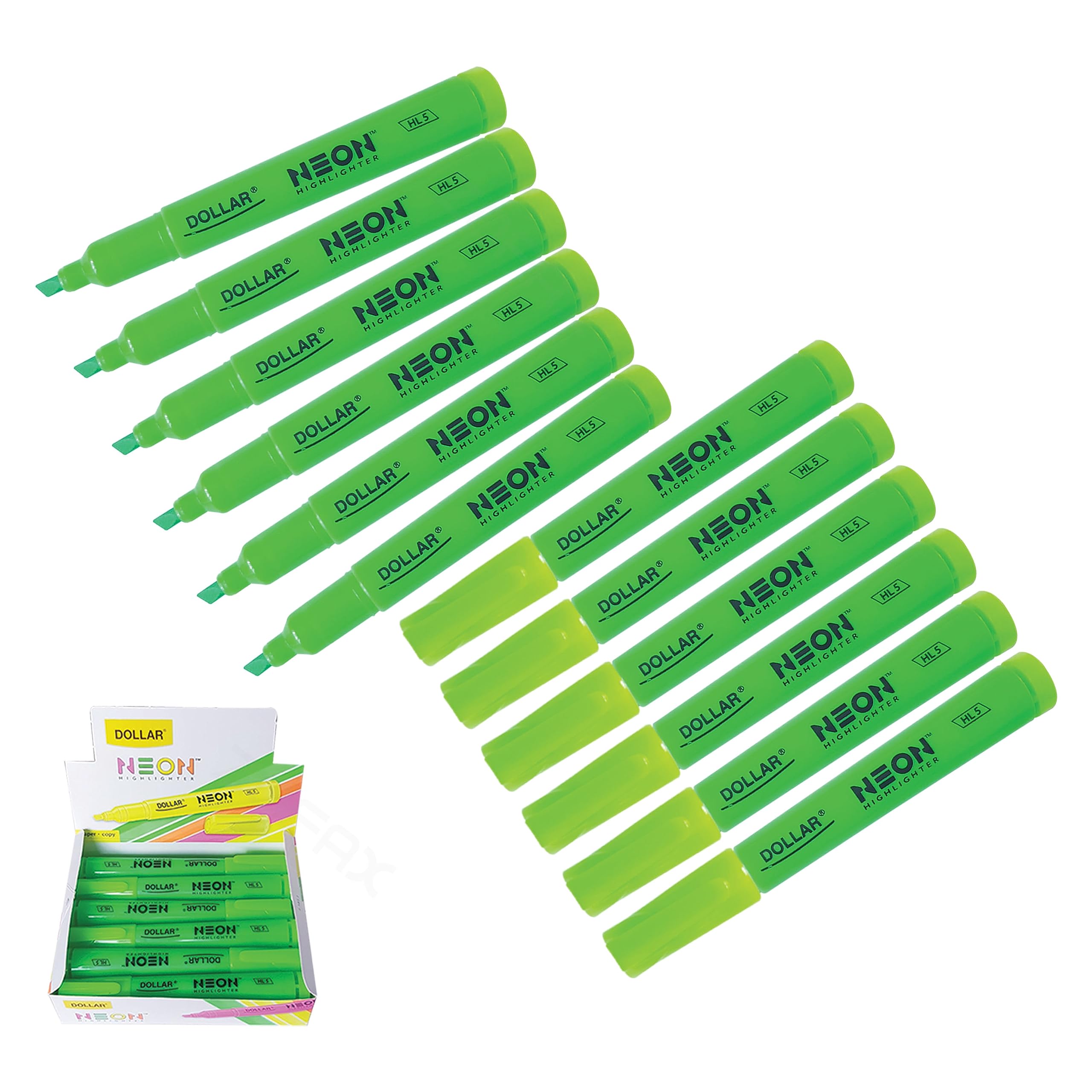 DOLLAR Neon HL5 Highlighter Pens, GREEN, Pack of 12, Chisel Tip (5.0mm), Multipack, Fast-drying, Fluorescent Colour, Perfect for School Office Home Highlighters