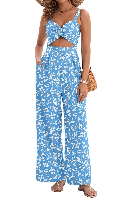 Women's Floral Print Boho Wide Leg Jumpsuit - Sleeveless Summer Romper With Pockets