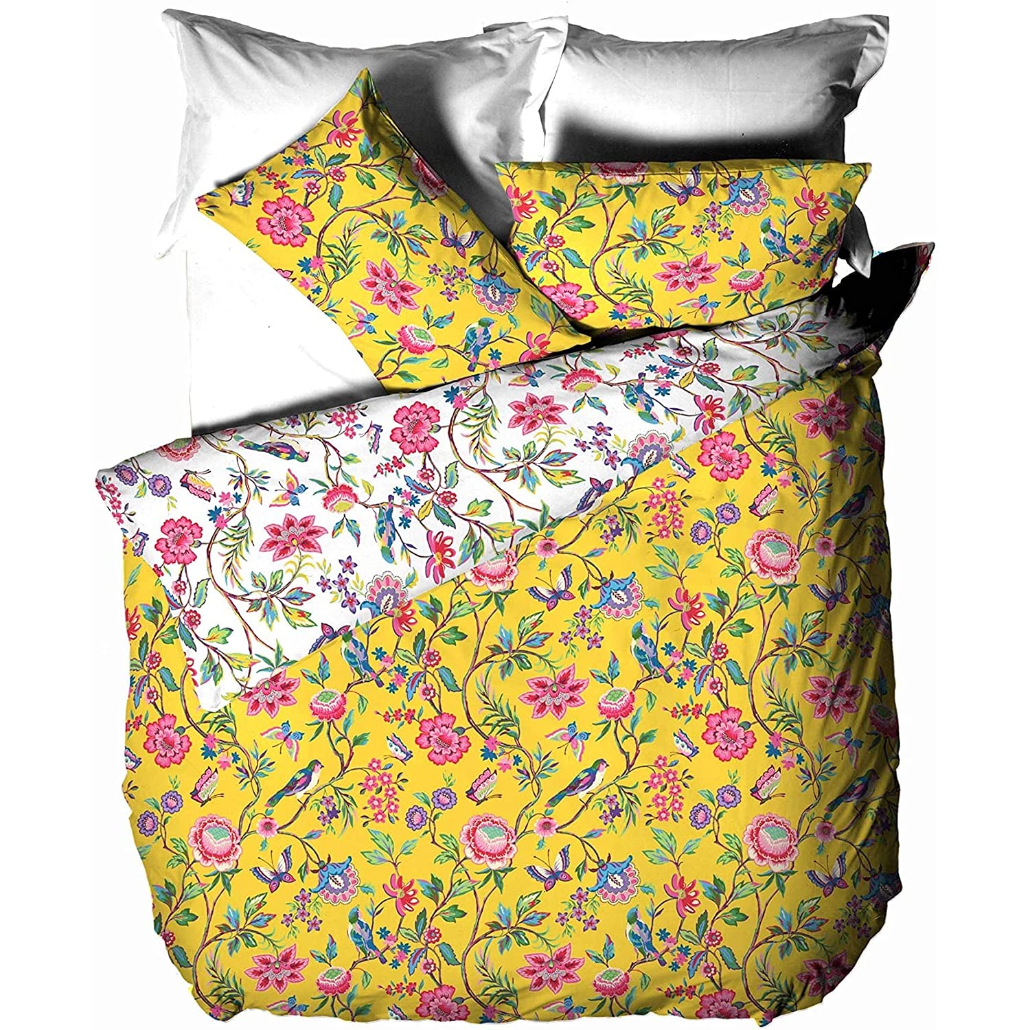 furn. Pomelo Tropical Floral Duvet Cover Set – Reversible Bedding (Yellow – Super King)