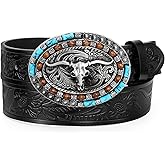UpFind Western Genuine Leather Belt Cowboy Belt with Turquoise Oval Buckle for Men Women Jeans