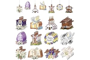 JNYVE 36 Pcs Religious Easter Ornaments Wooden - He is Risen Wooden Hanging Signs Christian Jesus Cross Wood Cutouts Easter Decor for Small Tree Home Party