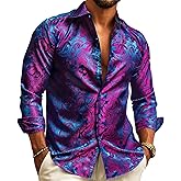 Barry.Wang Men's Floral Button Up Shirts Silk Long Sleeve Dress Shirt Satin Paisley Casual Party Wedding Western Prom Costume
