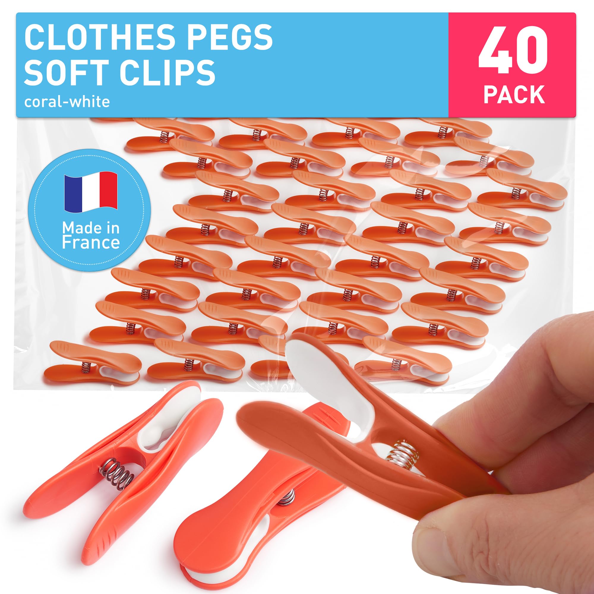 culiclean Clothes Pegs for Washing Line – Strong Soft Grip Washing Pegs "Soft Clips" – Durable Plastic Laundry Pegs for Indoor and Outdoor Use – Heavy Duty Clothes Clips – 40 Pack – coral-white