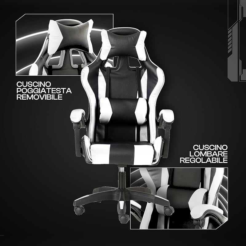 Sedia da Gaming, Sedia Ufficio Ergonomica con Schienale Regolabile, Poggiatesta e Supporto Lombare, Bianco