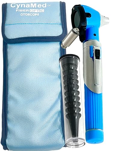 Fiber Optic LED Otoscope Examination Diagnostic ENT Set Kit - Includes 1 Spare Bulb, Blue Handle
