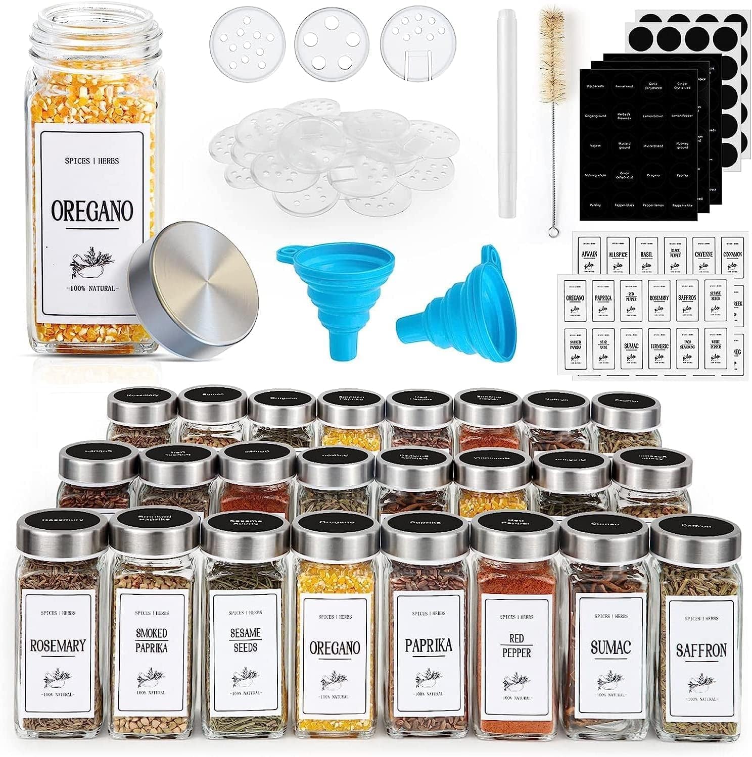 25 Pack Round Spice Jars with Stainless Steel Lids, 120ml Kitchen Spice Containers with Label , Pen, Hose Brush, 2 Silicone Funnels, for Home Kitchen Spice, Seasonings, Condiments, Herbs Storage