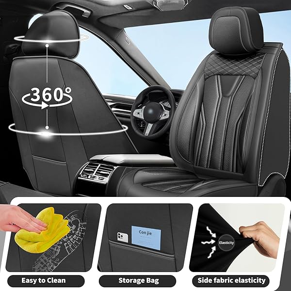 CONJIE FIT PRIUS CAR SEAT COVERS FOR TOYOTA PRIUS 2001-2025 2026 -FULL SET PREMIUM LEATHER, WATERPROOF, BREATHABLE，ALL-WEATHER SEAT CUSHION PROTECTO & AIRBAG COMPATIBLE, 5-SEATS ALL BLACK