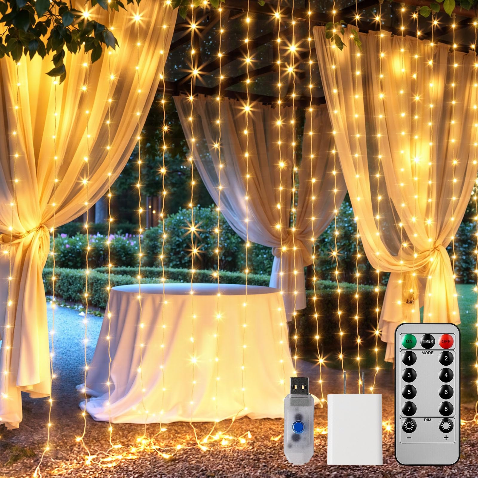 Photo 1 of Brightown 600 LED Curtain String Lights, 20 FT Hanging Fairy Lights with Remote, 8 Modes, Waterproof Window Lights for Bedroom Backdrop Wedding Outdoor Christmas Party, Warm White