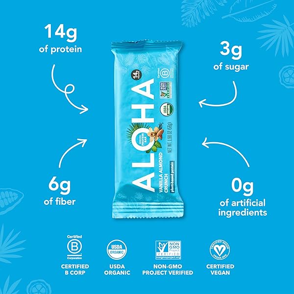ALOHA ORGANIC PLANT BASED PROTEIN BARS, VANILLA ALMOND CRUNCH, 1.98-OUNCE BARS, (PACK OF 12)