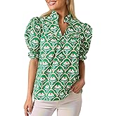 BKBEY Womens Puff Short Sleeve Floral Shirt Ruffle V Neck Button Front Blouse Pleated Top