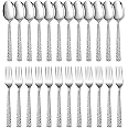 E-far 24-Piece Hammered Forks and Spoons Silverware Set, Stainless Steel Square 12 Dinner Forks and 12 Dinner Spoons, Modern Metal Flatware Cutlery for Kitchen and Restaurant, Dishwasher Safe-7.9 Inch
