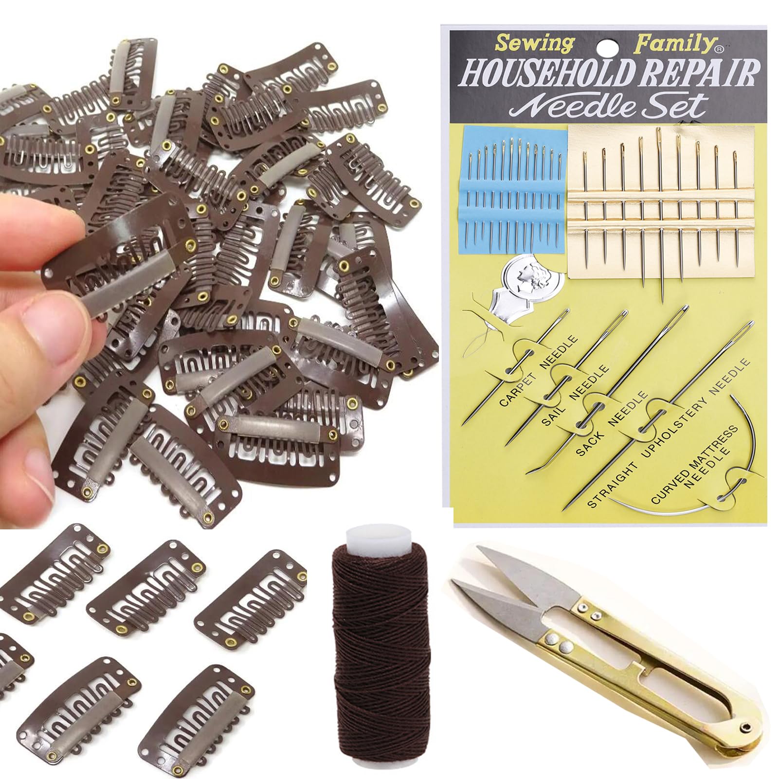 Wig Clips with Soft Rubber 32mm U-Shape Snap Comb Hair Wig Needles Thread Scissors Set for wig hair extensions (Dark Brown, 32MM) — image 1