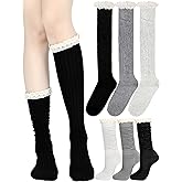 Fourluoo 3 Pairs Cotton Knit Boot Socks Knee High Stockings with Lace Trim Slouch Stacked Scrunch Socks