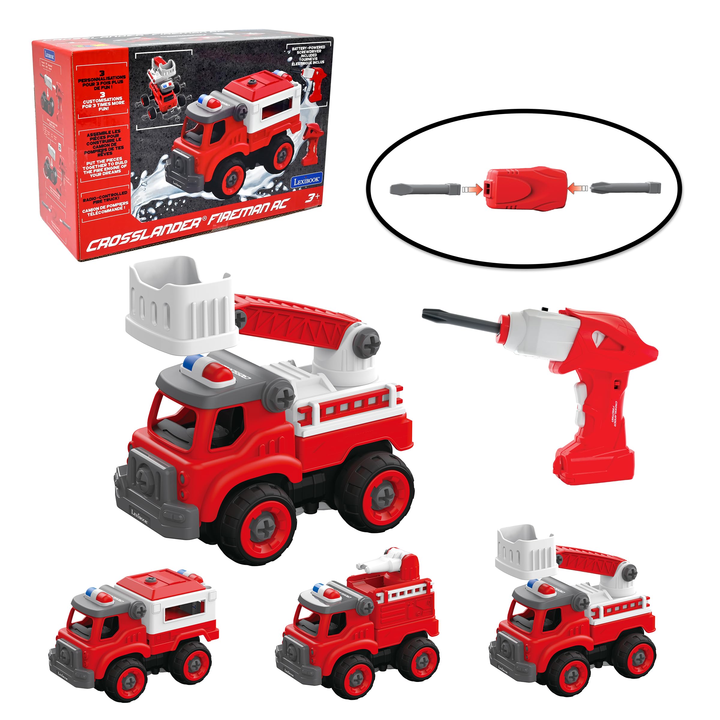 LEXIBOOK, Crosslander® Fireman RC, Radio-controlled fire truck to assemble, 3 possible constructions, 33 parts, Electric and manual screwdrivers included, RCP25