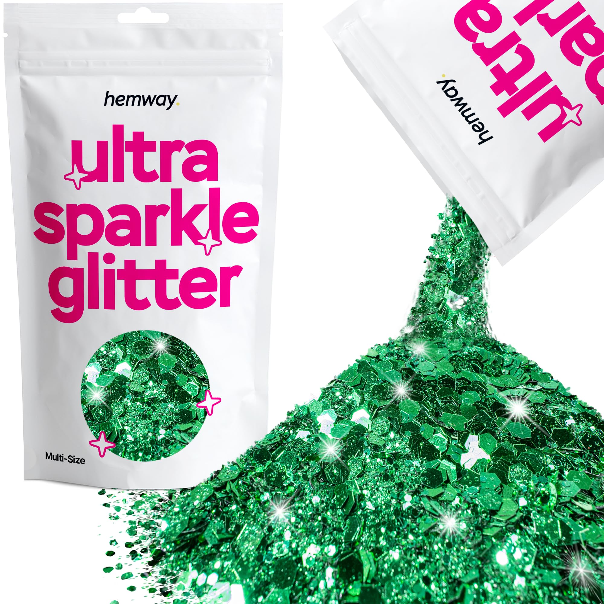 Hemway Ultra Sparkle Glitter Emerald Green 100g Multi Size | Glitter for Arts & Craft, Makeup, Nail Art, Crafting, Card Making, Sparkle Decoration