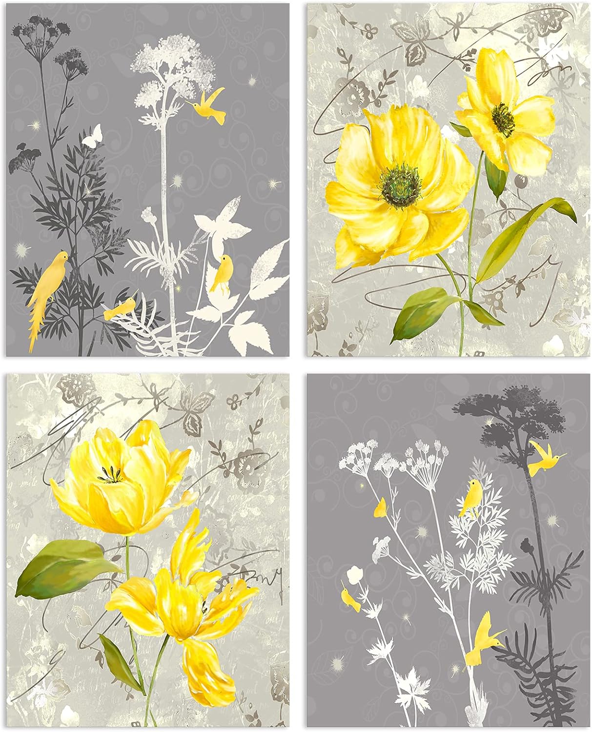 VIIVEI Yellow and Grey Flowers Wall Art Painting Set of 4 (8”X10”, Unframed) Grey & Yellow Poster Bird on Blooming Flowers Painting for Bathroom Bedroom Room Office Wall Modern Home Decor