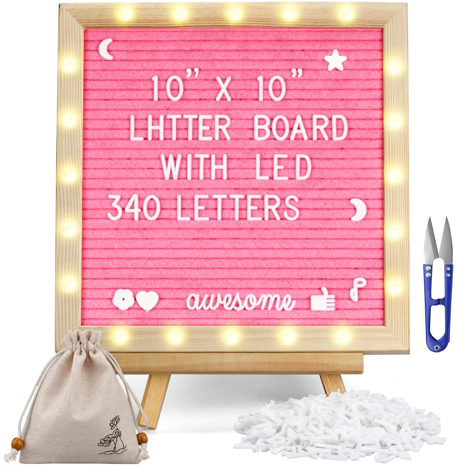 Pink Felt Letter Board with Lights, Built-in LED Lights -Message Board Adjustable Stand, 340 Letters and Christmas,- for Menus, Pregnancy Announcement, Weddings, Party Planning(10 * 10)