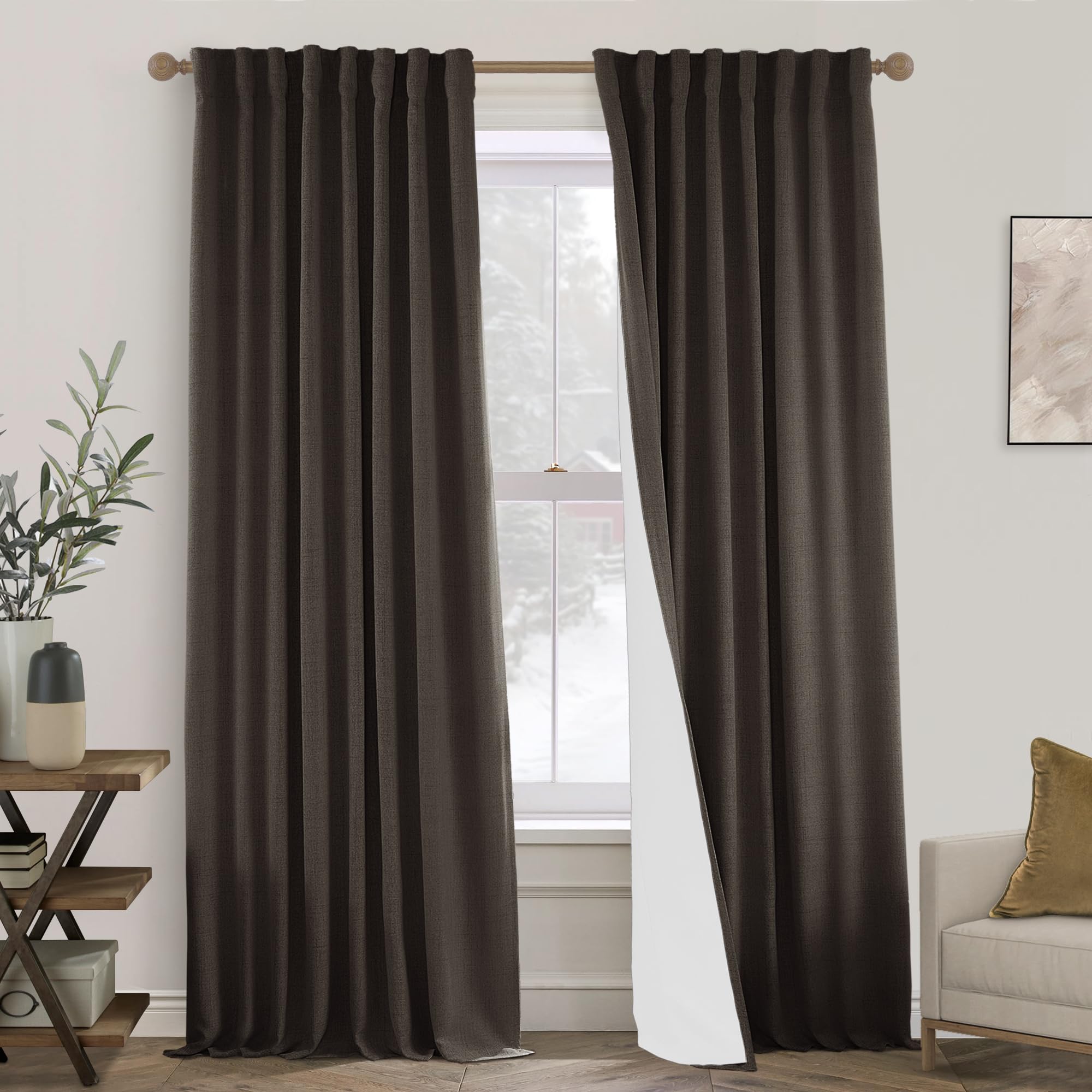 Photo 1 of PANELSBURG Dark Brown Linen Curtains 96 Inches Long 2 Panel Set,Blackout Back Tab Room Darkening Cold Weather Thermal Insulated Curtains 96 Inch Length for Living Room Bedroom,8FT