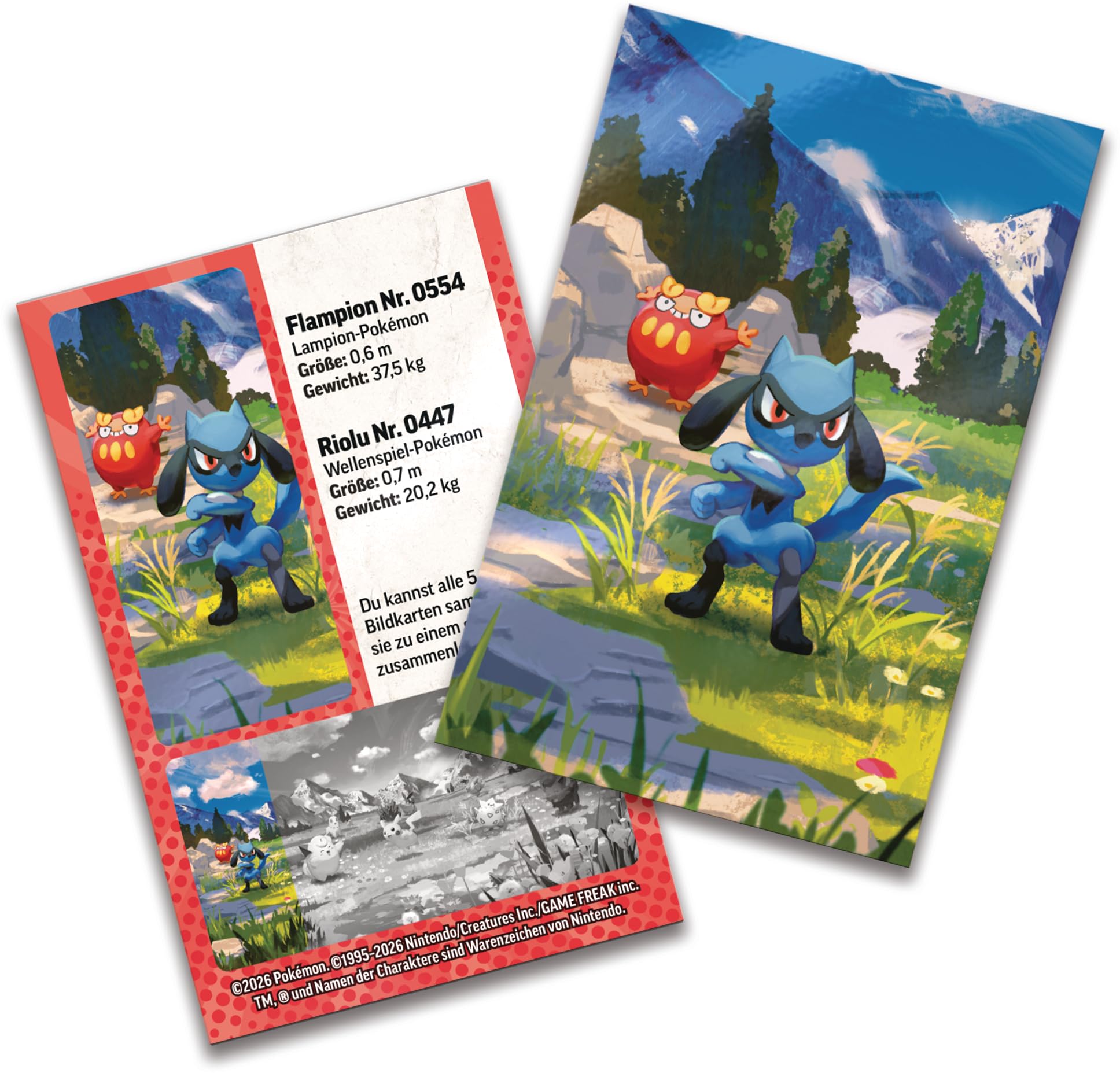 Pokémon-Sammelkartenspiel: Mini-Tin-Box Mega-Entwicklung – Erhabene Helden: Riolu und Flampion (1 Stickerbogen, 1 Pokémon-Bildkarte und 2 Boosterpacks) 5