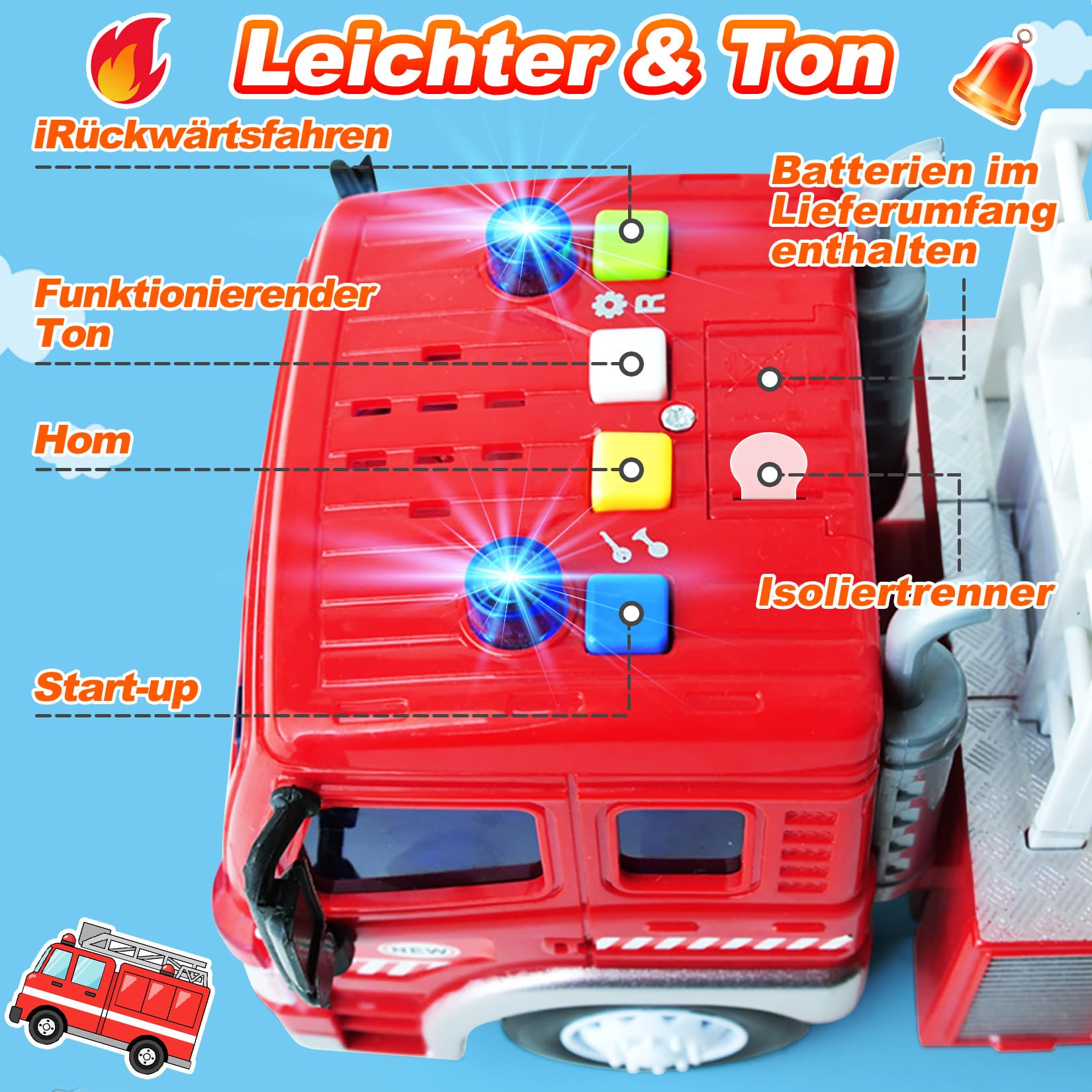 GizmoVine Feuerwehrauto Groß, Feuerwehr Auto Spielzeug mit Drehleiter, Sound und Licht, Große Spielzeugauto, Fire Truck Fahrzeuge, Geschenke für Jungen, Kinder Löschfahrzeug ab 3 4 5 6 7 8 Jahre 4