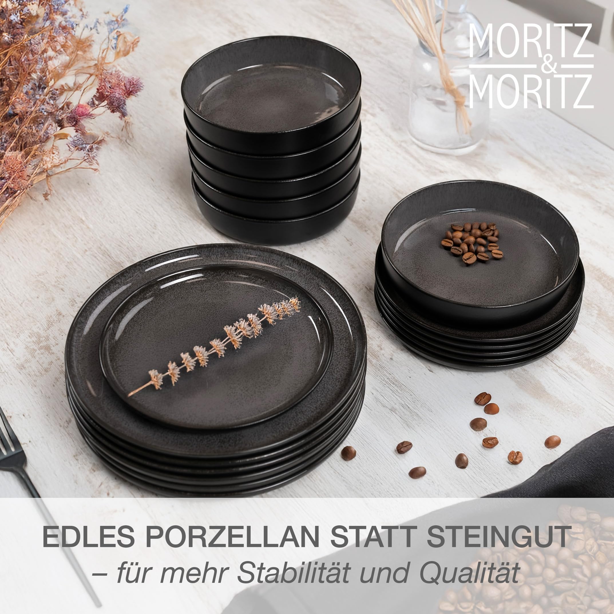 Moritz & Moritz VIDA Geschirrset 6 Personen Anthrazit 18-tlg. - Modernes Porzellan Geschirr Set - Kratz-, Mikrowellen- & Spülmaschinenfest, Essgeschirr, Tafelservice, Kombiservice 6 Personen 4