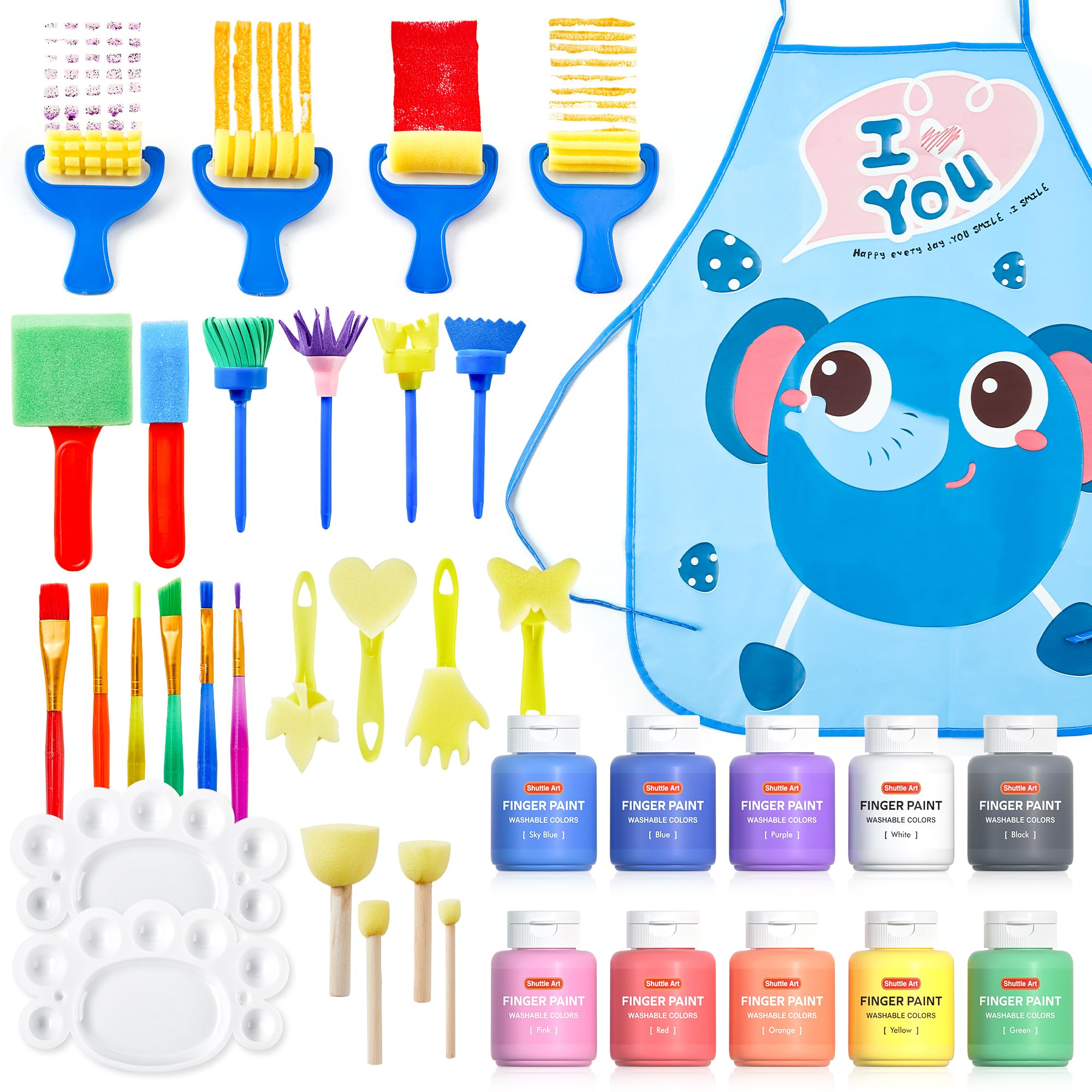 Kids Washable Finger Paints Set, Shuttle Art 33 Pack Non Toxic Kids Painting Set with 10 Colours (60ml) Finger Paints, Paint Pad, Sponge Paint Brushes, Eco Natural for Children and Toddler