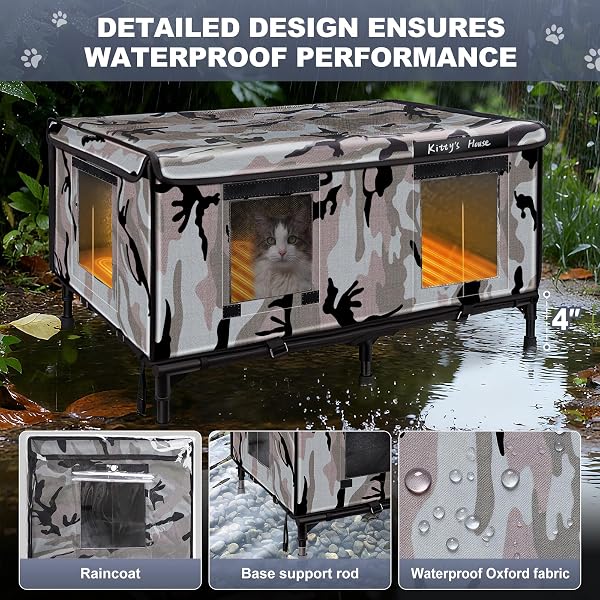 HEATED CAT HOUSE FOR OUTSIDE IN WINTER, WEATHERPROOF INSULATED OUTDOOR CAT HOUSE WITH 2 DOOR & ELEVATED BASE & RAIN COAT, FERAL CAT SHELTER FOR STRAY CAT (24″X18″X18″)