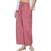 Yeokou Women Wide Leg Pants Casual Striped Cotton Mid Rise Drawstring Palazzo Trousers with Pockets