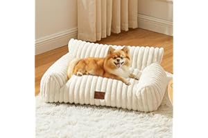 Eterish Cute Dog Couch, Fluffy Pet Couch with Soft Corduroy Fleece, Fuzzy Pet Sofa with Removable Washable Cover, Supportive Dog Bed for Small Medium Dogs with Non-Slip Bottom, 30inch, Cream