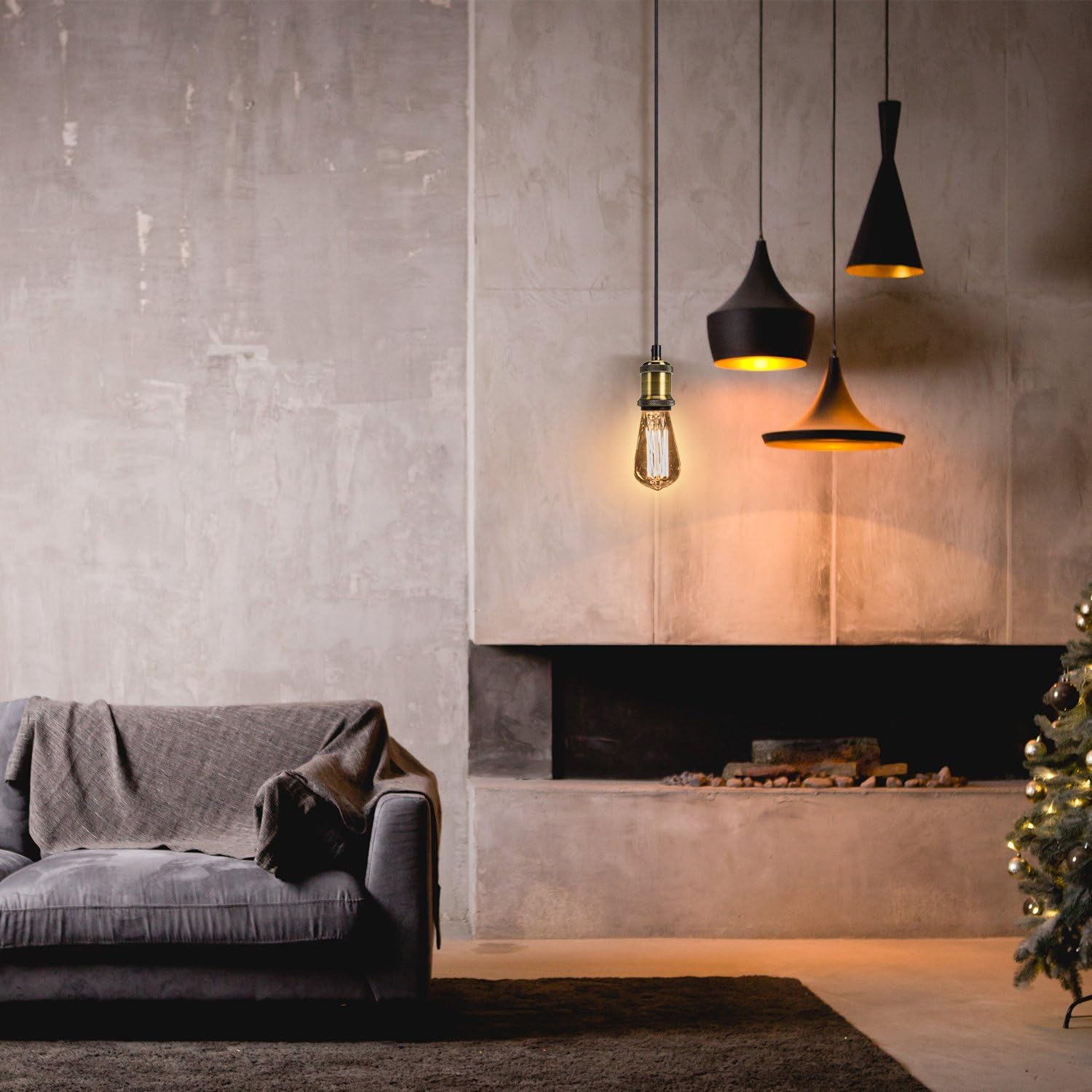 Industrial Mini Pendant Light JACKYLED Single Vintage Socket E26 E27 Lampholder Black Woven Fabric Pendant Light Cord Adjustable Hanging Light Kit - - 