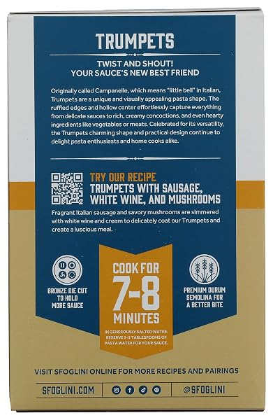 SFOGLINI—ORGANIC DURUM SEMOLINA TRUMPETS—MADE WITH TRADITIONAL TECHNIQUES & WHOLESOME ORGANIC GRAIN—HOLDS TIGHT TO SAUCE—16 OZ BOX