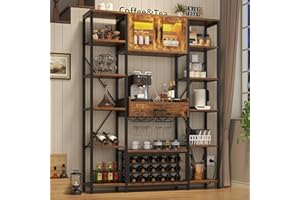 Semoic Wine Bar Cabinet with LED Lights, 65.35 Inches Tall Industry Coffee Bar Cabinet with Drawer and Power Outlets, Famhouse Kitchen Microwave Stand Bakers Rack Cabinet for Liquor and Goblet, Brown
