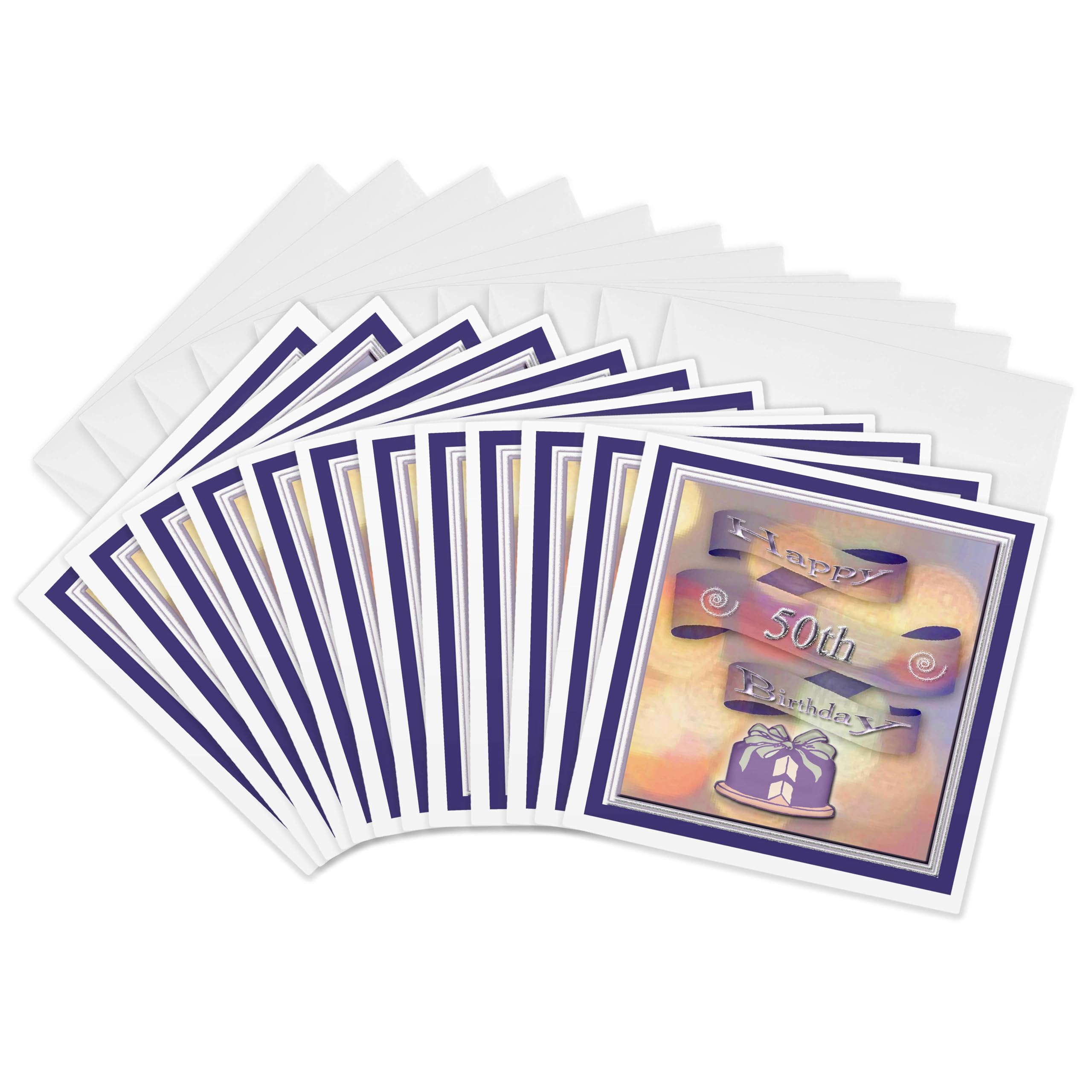 3dRose gc_24379_2 6 x 6-Inch "Ribbon and Cake Happy 50Th Birthday" Greeting Card (Pack of 12)