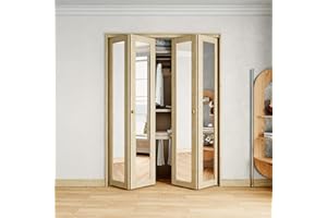 JUJUBON Bifold Doors for 48" x 80" Opening, One Side Mirrored Closet Door with Bi-fold Hardware Kit, Pre-Assembled Panels for Pantry/Laundry/Bathroom - Pine
